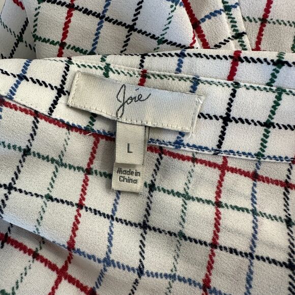 Joie White Red Blue Black & Green Plaid Front Button Pockets Long Sleeve Shirt L - Picture 7 of 13